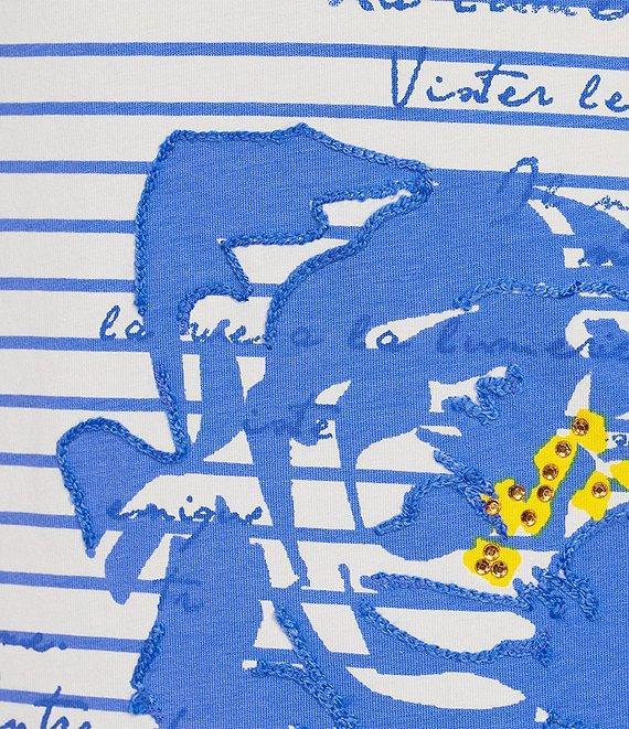 Ruby Rd. Knit Floral Embroidered Split Neck 3/4 Sleeve Top Product Image