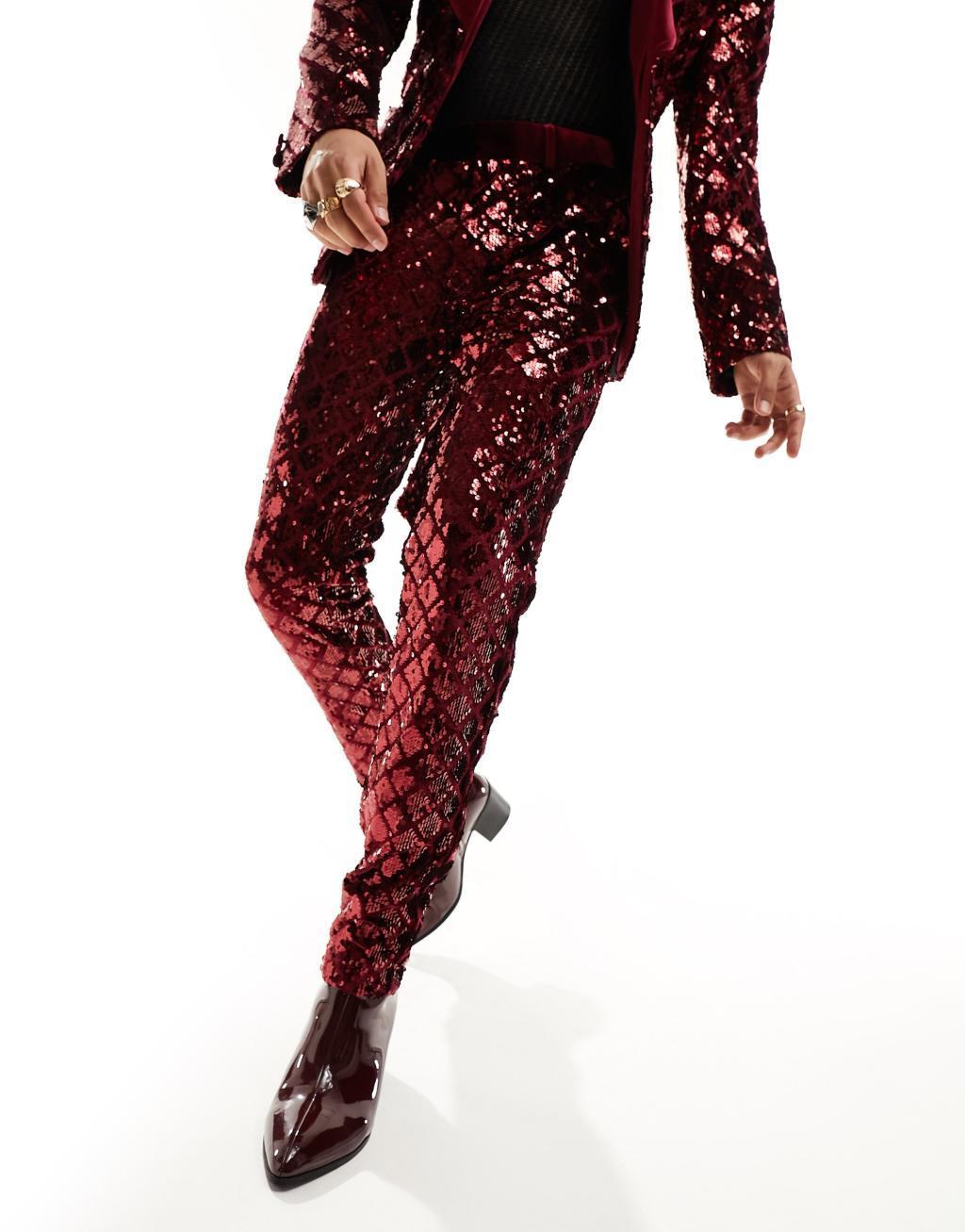 ASOS DESIGN skinny suit pants in diamond sequin in burgundy Product Image