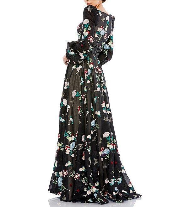Mac Duggal V-Neck Bishop Sleeve Beaded Waist Floral Embroidered Gown Product Image