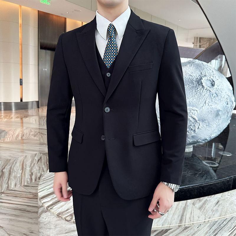 Plain Single-Breasted Blazer / Vest / Mid Rise Tapered Dress Pants / Set Product Image