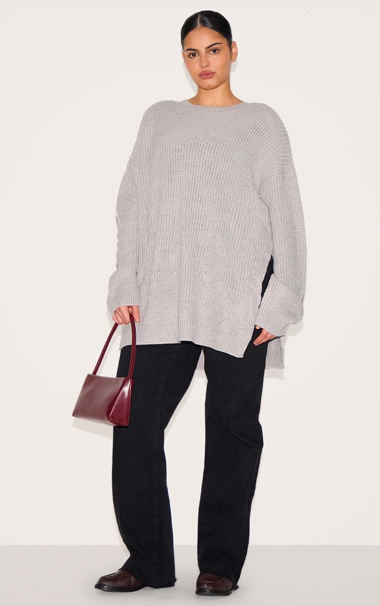 Plus Grey Round Neck Side Split Sweater Product Image