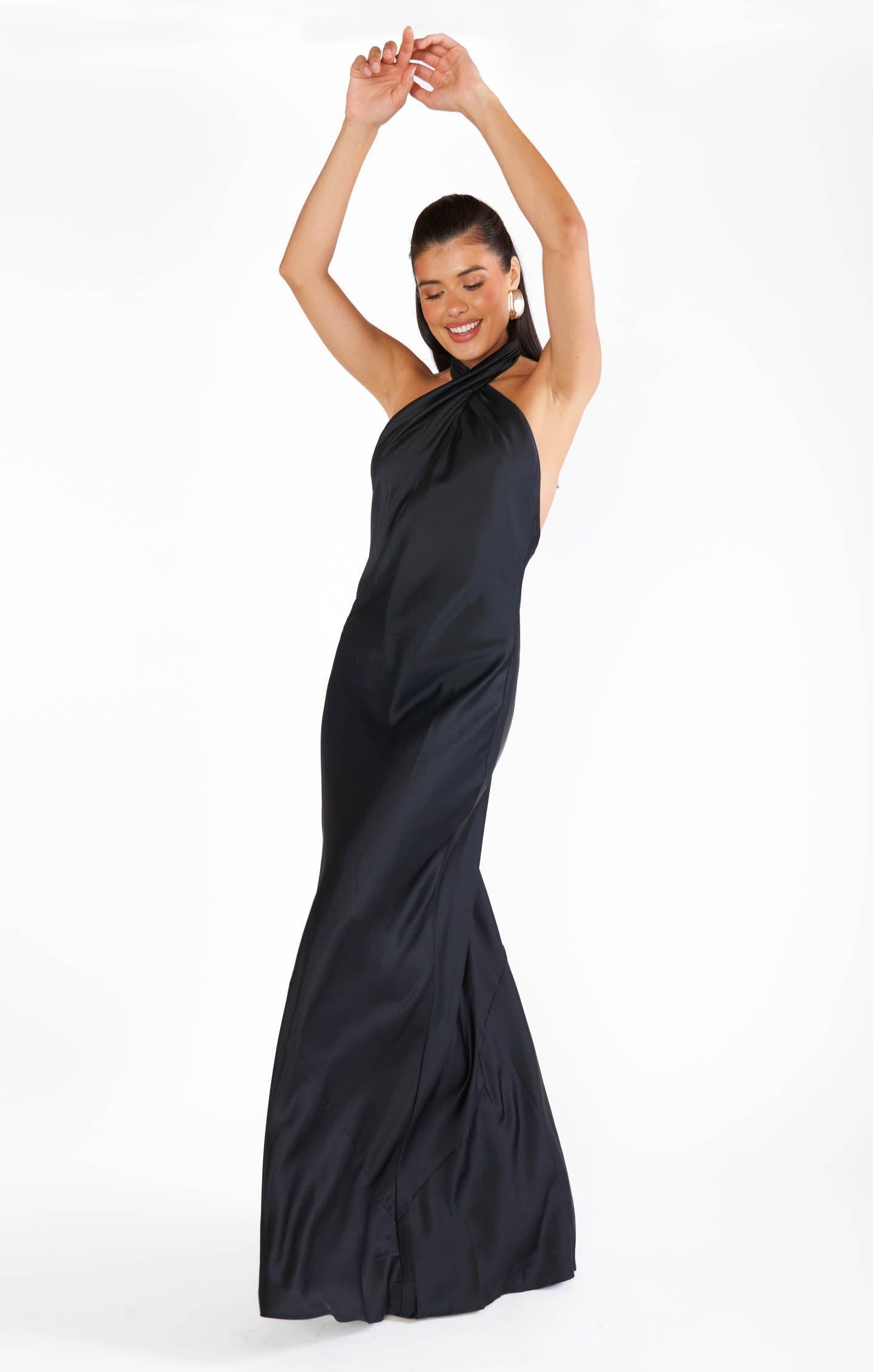 Jasmine Halter Maxi Dress ~ Black Luxe Satin Product Image