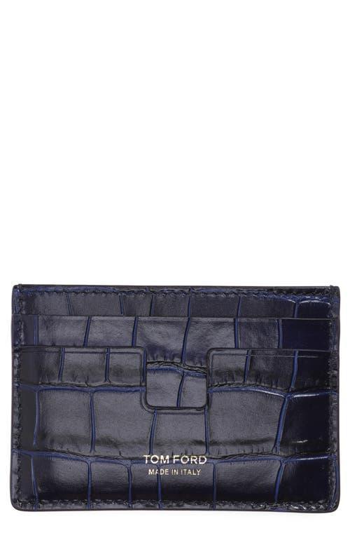 T-line Croc Embossed Leather Card Case In Blue Product Image