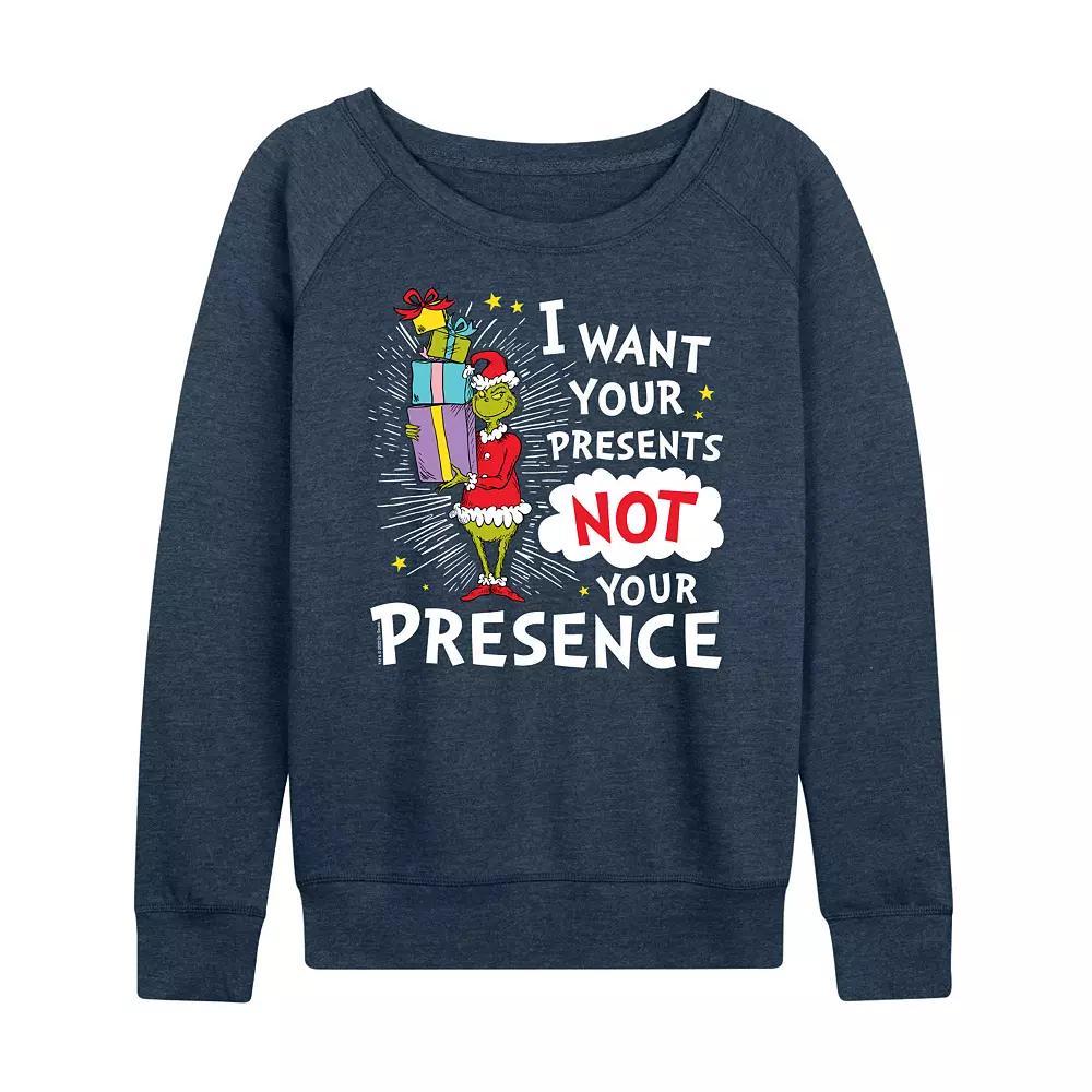 Women's Dr. Seuss The Grinch Presents Not Presence French Terry Long Sleeve Tee, Girl's, Size: Large, Grey Indigo Product Image