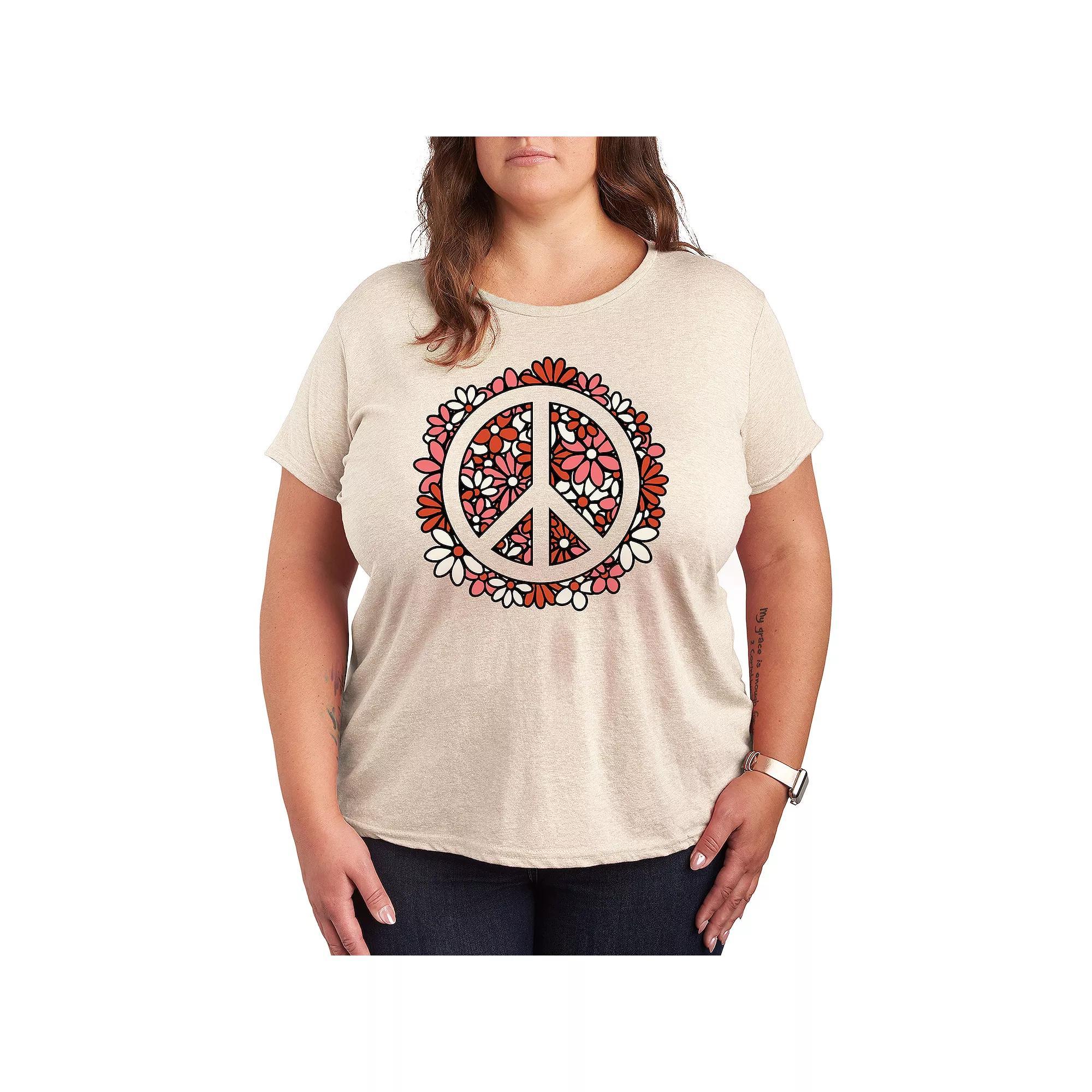 Plus Floral Peace Sign Graphic Tee, Women's, Size: 4XL, Beige Product Image