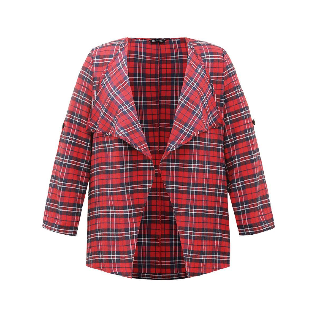 Plus Size Plaid Asymmetrical Hem Tab Sleeve Jacket Women Scarlet Button Dailywear Jackets BloomChic 28/5X Product Image