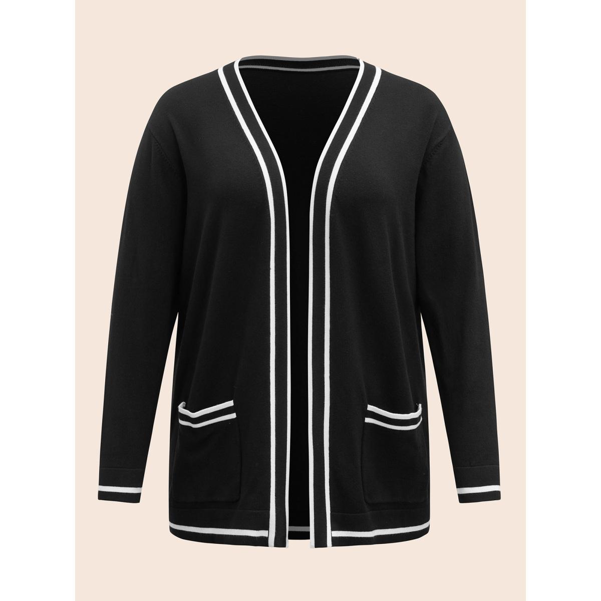 Plus Size Supersoft Essentials Striped Patchwork Pocket Open Front Cardigan Black Women Casual Loose Long Sleeve Everyday Cardigans BloomChic 12/L Product Image