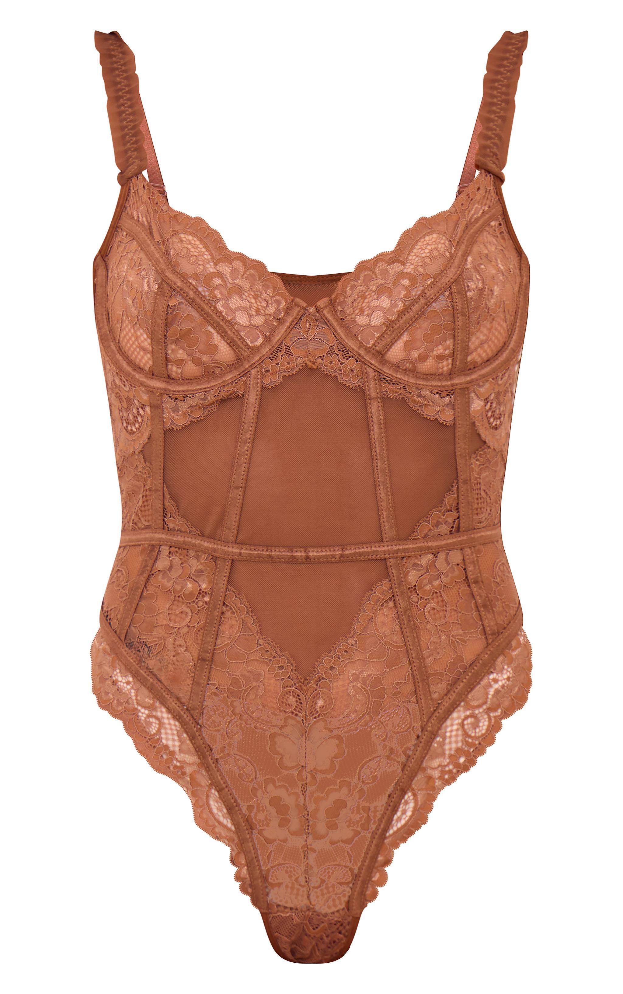 Chocolate Mesh Frill Detail Panelling Lace Bodysuit Product Image