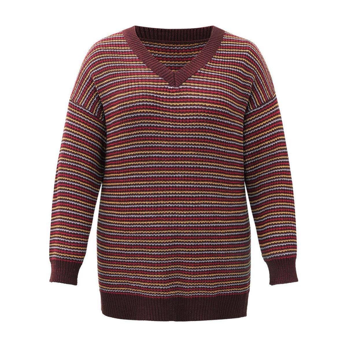 Plus Size Textured Striped Drop Shoulder Pullover Multicolor Women Casual Loose Long Sleeve V-neck Dailywear Pullovers BloomChic 22-24/3X Product Image