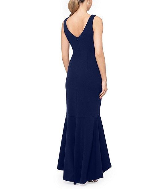 Betsy & Adam Petite Size Sleeveless V-Neck Spiral Ruffle Cascade Gown Product Image