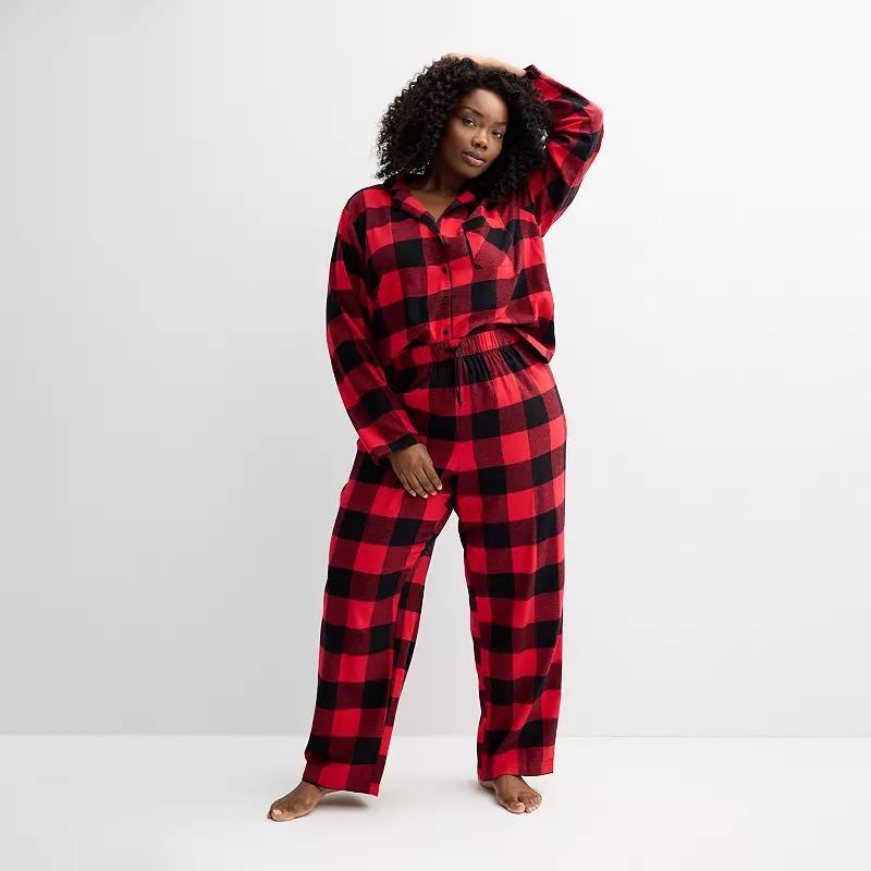 Plus Size Sonoma Goods For Life Flannel Notch Pajama Top & Pajama Bottoms Set, Womens Blue Gingham Product Image