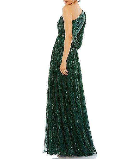 Mac Duggal Sequined Tulle One Shoulder Long Sleeve A-Line Gown Product Image