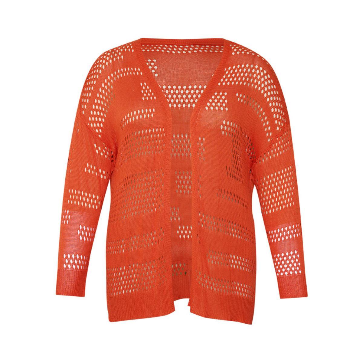 Plus Size Plain Open Front Elastic Sleeve Cut Out Cardigan Scarlet Women Casual Loose Long Sleeve Everyday Cardigans BloomChic 12/L Product Image