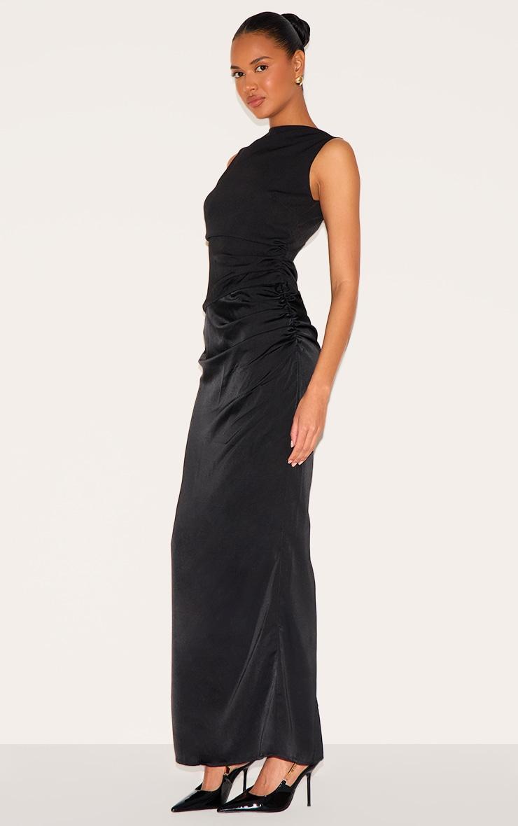 Black Woven High Neck Ruched Drape Midaxi Dress Product Image