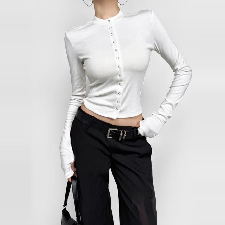 Mock Neck Plain Button-Up Crop Cardigan Product Image