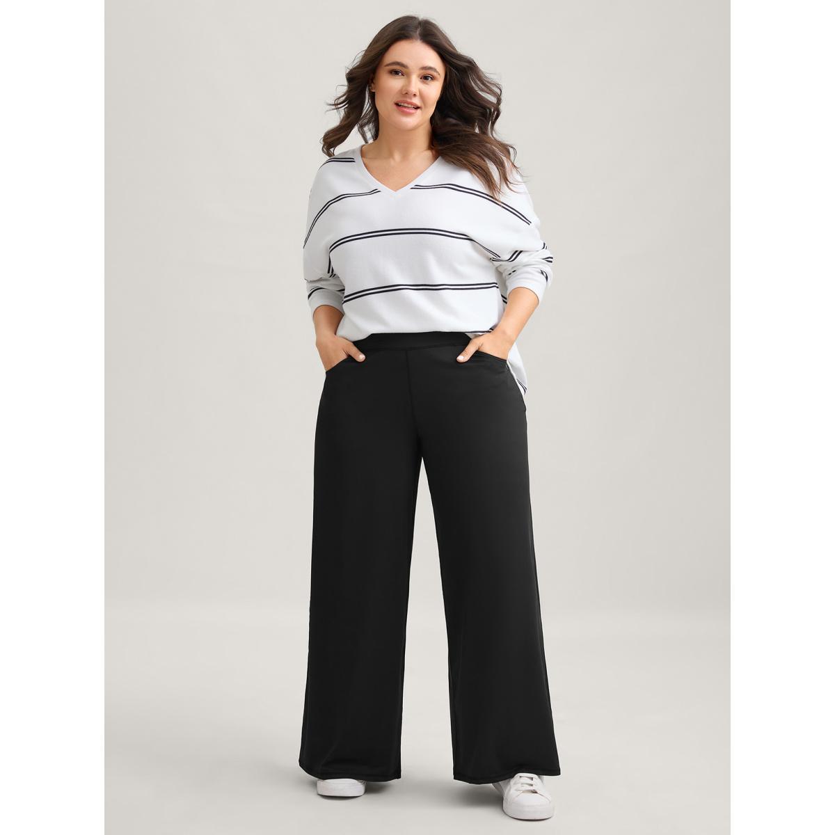 Plus Size Super Stretchy Wide-Leg Casual Pocket Pants Women Black Leisure Mid Rise Casual Pants BloomChic 10/M Product Image