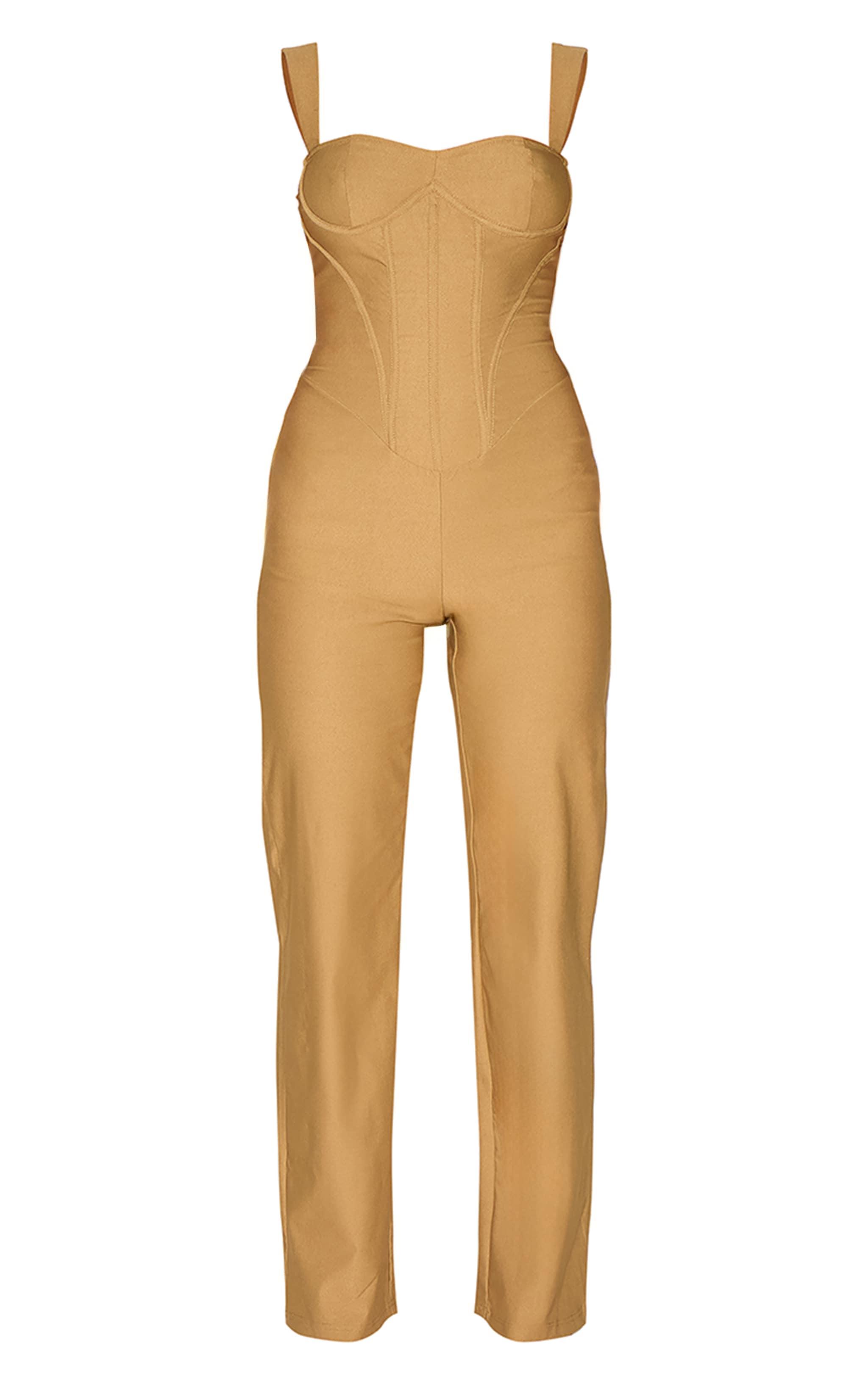 Khaki Woven Corset Binding Strappy Straight Leg Jumpsuit Product Image