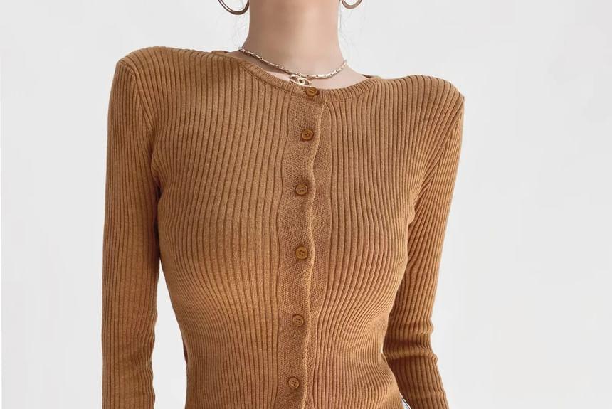 Long-Sleeve Crew Neck Button Ribbed Crop Knit Top Product Image