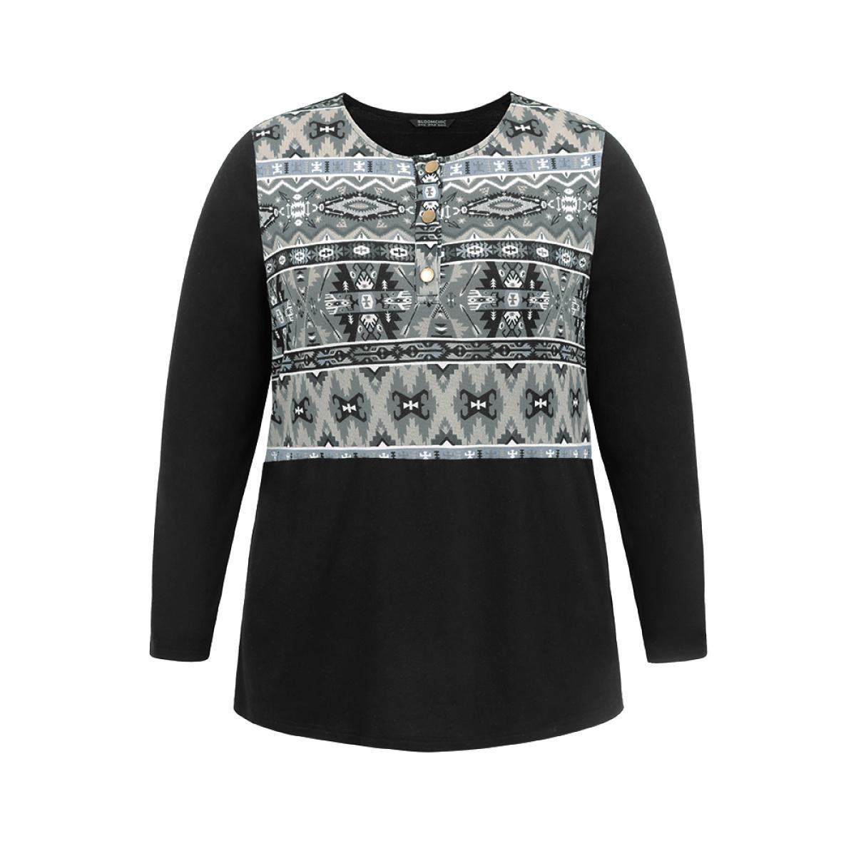 Plus Size Boho Print Patchwork Button Up T-shirt Black Women Casual Patchwork Bohemian Print Round Neck Dailywear T-shirts BloomChic 26/4X Product Image