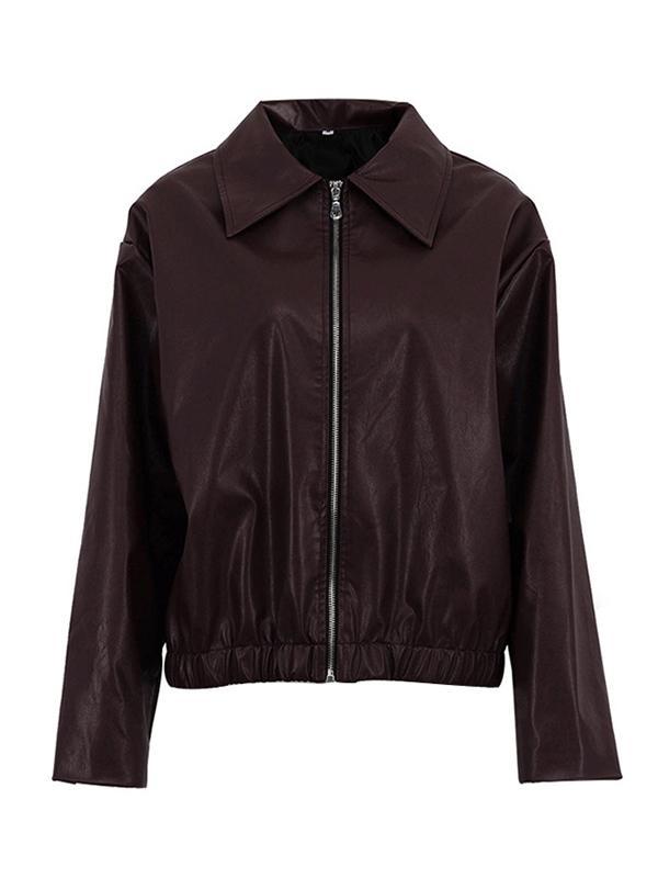 Long Sleeves Loose Elasticity Solid Color Zipper Lapel Jackets Outerwear Product Image