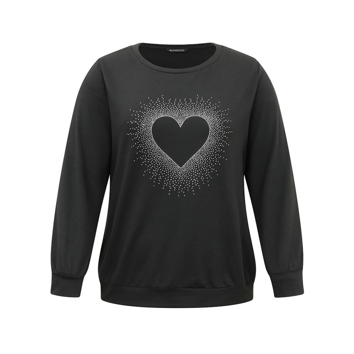 Plus Size Heart Rhinestone Round Neck Sweatshirt Women Black Casual Rhinestone detailing Dailywear Sweatshirts BloomChic 30/6X Product Image