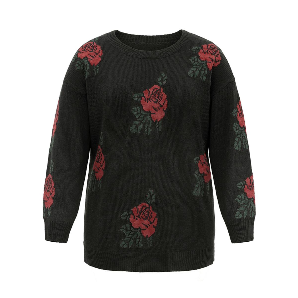 Plus Size Rose Jacquard Crew Neck Drop Shoulder Pullover Black Women Casual Long Sleeve Round Neck Everyday Pullovers BloomChic 22-24/3X Product Image