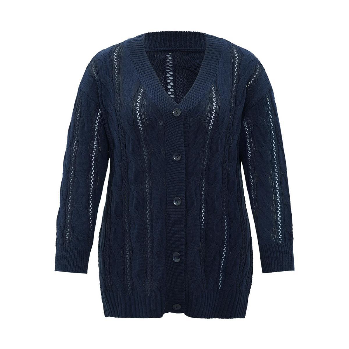 Plus Size Plain Button Up Cable Knit Split Side Cardigan Indigo Women Casual Loose Long Sleeve Everyday Cardigans BloomChic 14-16/1X Product Image