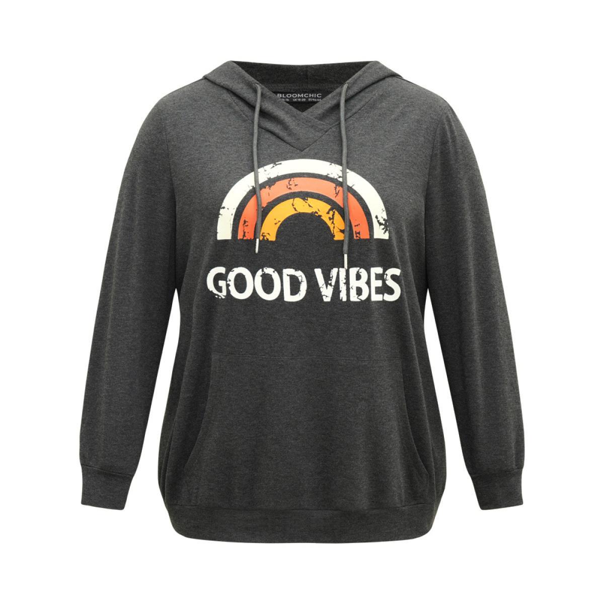 Plus Size Rainbow Print Kangaroo Pocket Hooded Sweatshirt Women DimGray Casual Printed Everyday Sweatshirts BloomChic 12/L Product Image