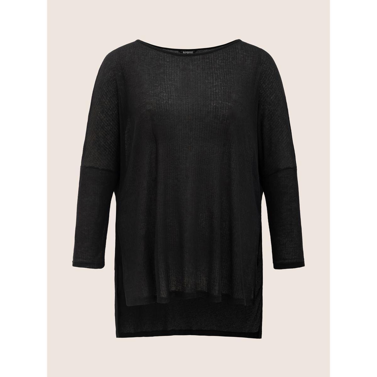 Plus Size Plain Mesh Split Side Long Sleeve T-shirt Black Women Casual Slit Round Neck Everyday T-shirts BloomChic 14-16/1X Product Image