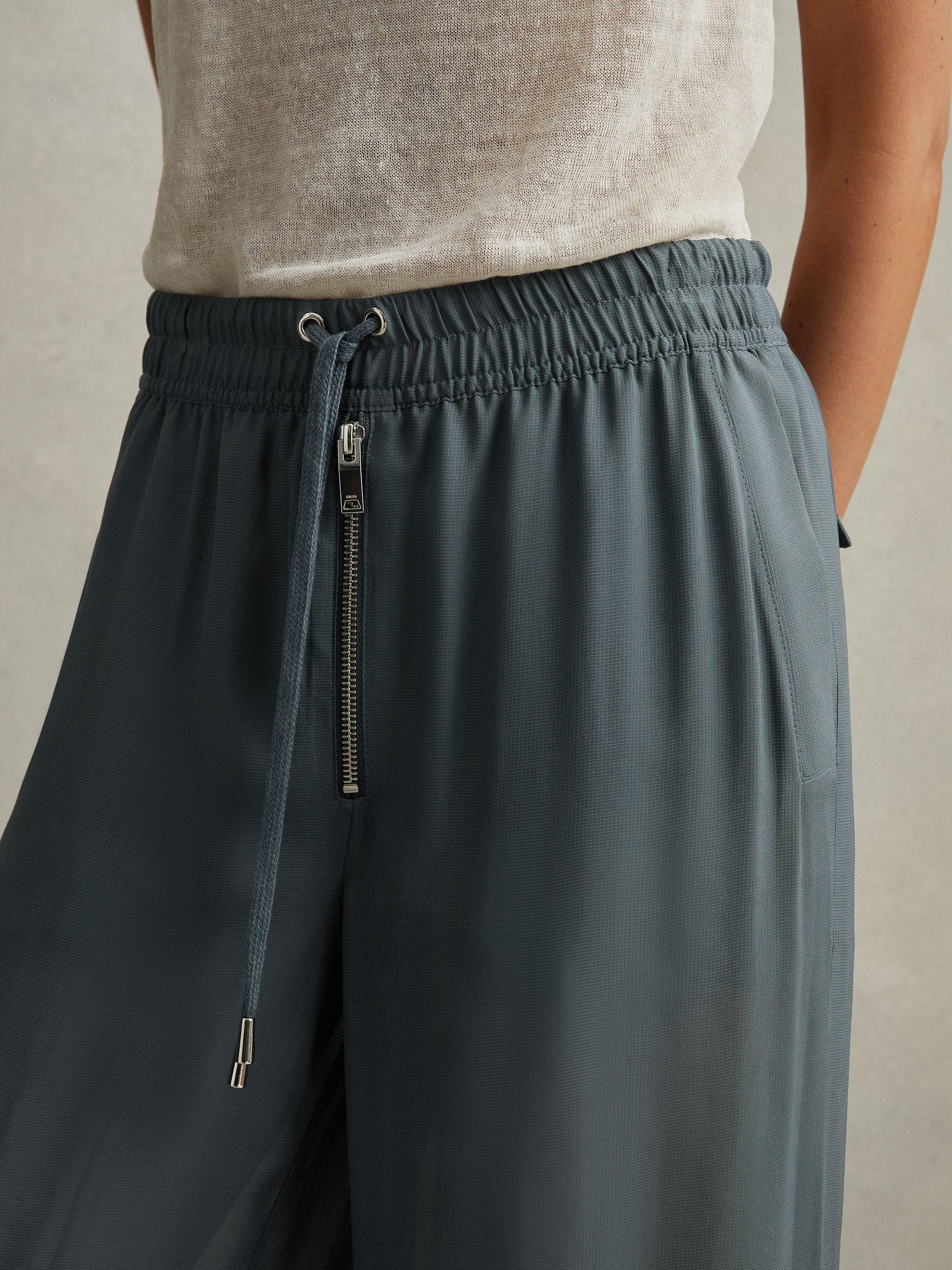 Drawstring Zip-Front Wide Leg Trousers in Blue Product Image