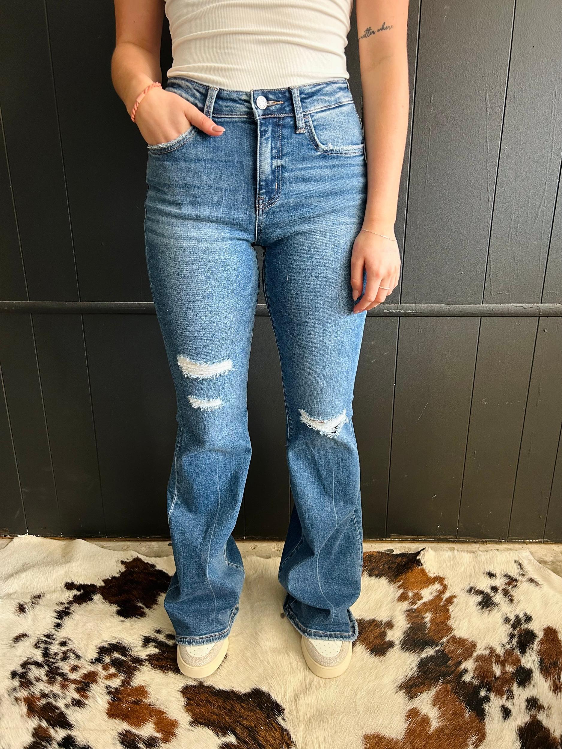Mid Rise Classic Flare Distressed Jeans* Product Image