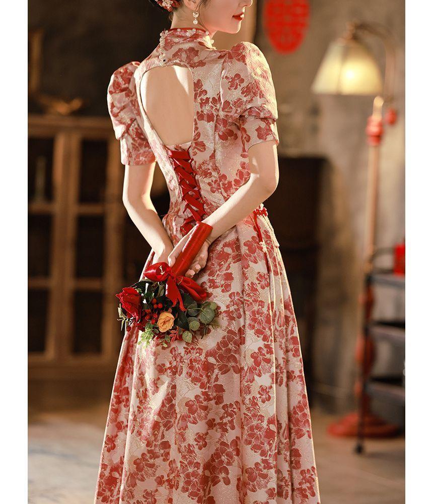 Short-Sleeve Floral Embroidered Bridal Qipao Evening Gown Product Image