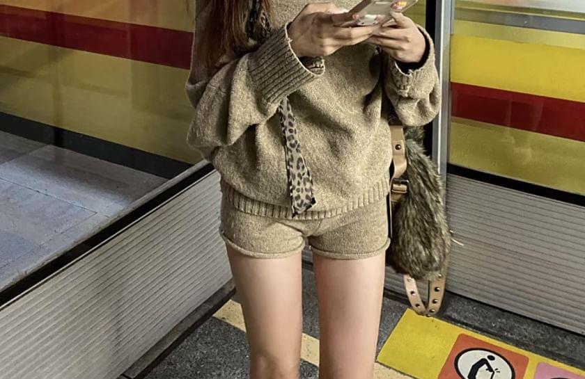 Bat Sleeve Off Shoulder Plain Sweater / High Waist Knit Shorts Product Image