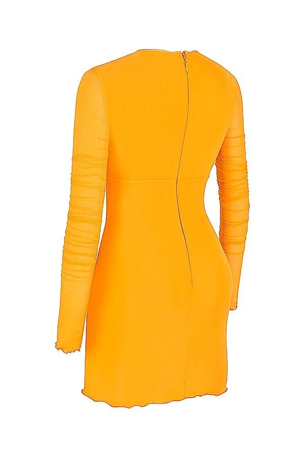Jeanelle  orange ruched mesh long sleeve cutout mini dress Product Image