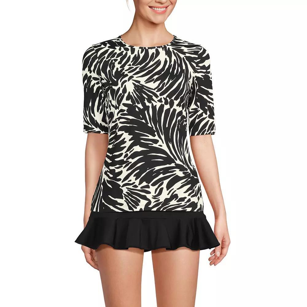 Women's Lands' End UPF 50 Elbow-Sleeve Rash Guard Swim Tee, Size: XL, Black White Leaf Product Image