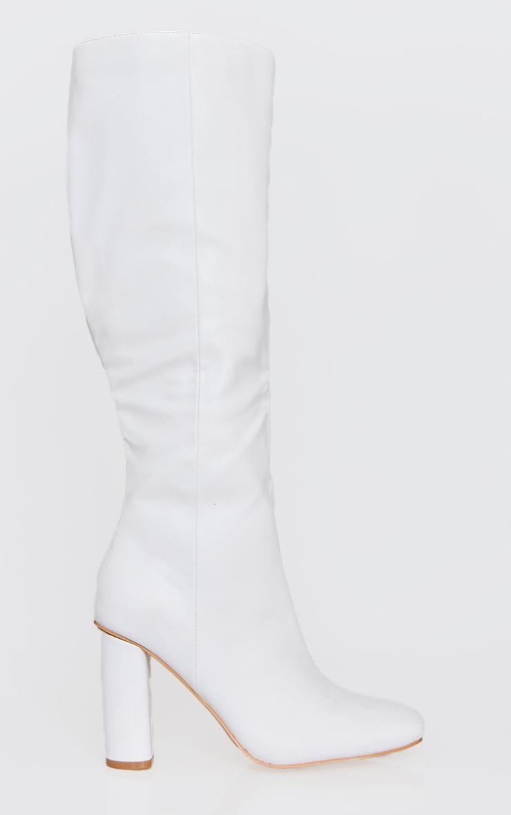 White Round Block Heel Knee High Boots Product Image