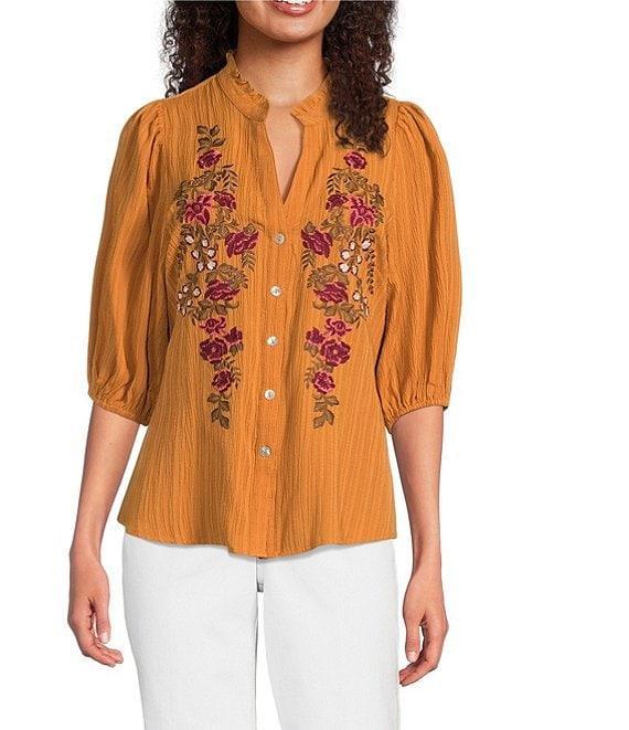 Calessa Petite Size Embroidered Floral Split V-Neck 3/4 Sleeve Button Front Tunic Product Image
