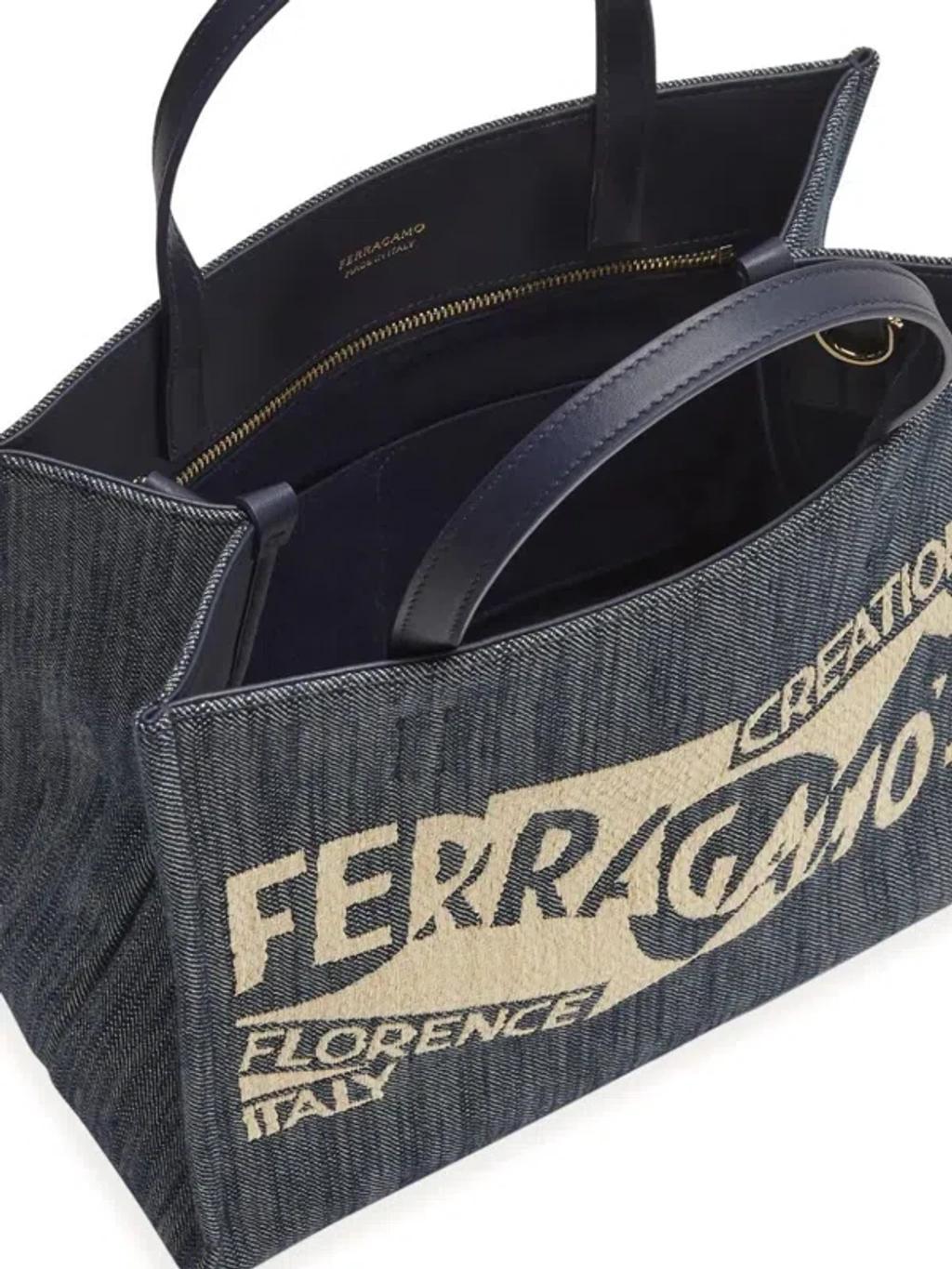 FERRAGAMO Small Venna Logo-embroidered Tote Bag In Blue Product Image