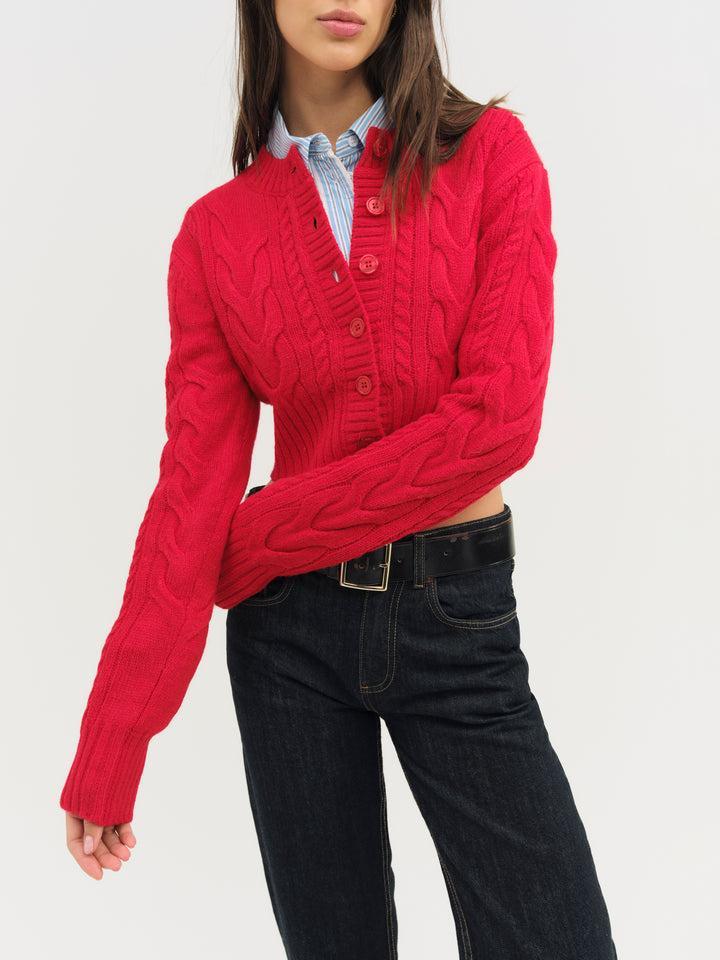Camille Cable Knit Cardigan — Red Product Image