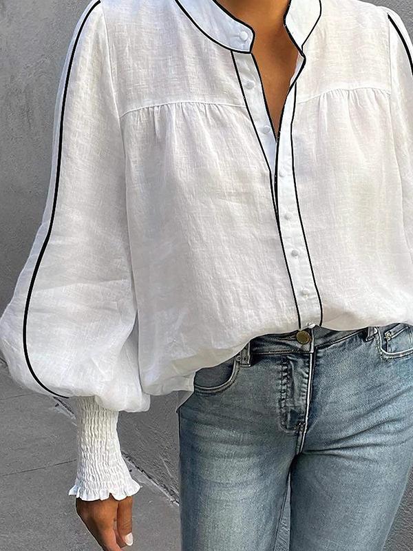 Long Sleeves Loose Buttoned Contrast Color Elasticity Split-Joint Round-Neck Blouses&Shirts Tops Product Image