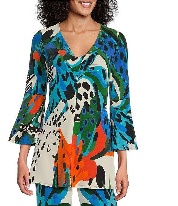 Eva Varro Tropical Inspired Print V-Neck 3/4 Bell Sleeve Coordinating Tunic Product Image