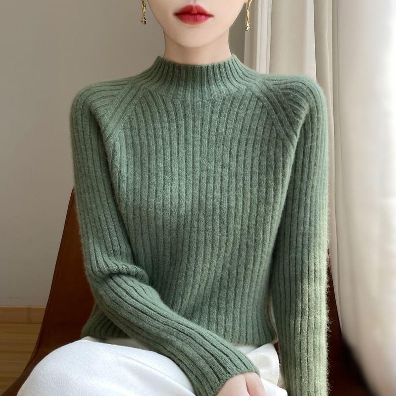 Long-Sleeve Mock Neck Ribbed Knit Top Product Image