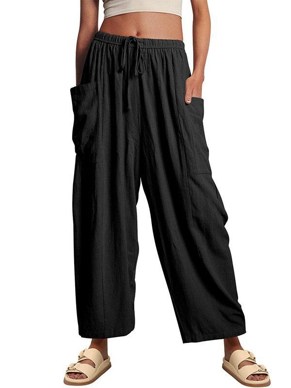 High Waisted Loose Drawstring Elasticity Pleated Pockets Solid Color Ninth Pants Trousers Product Image