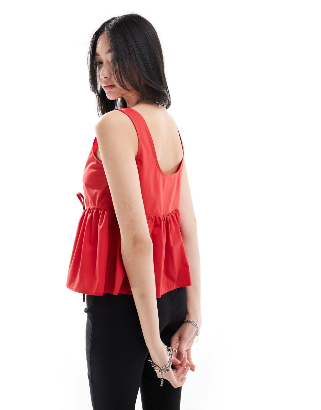 COLLUSION poplin smock top with tie detail in red Product Image