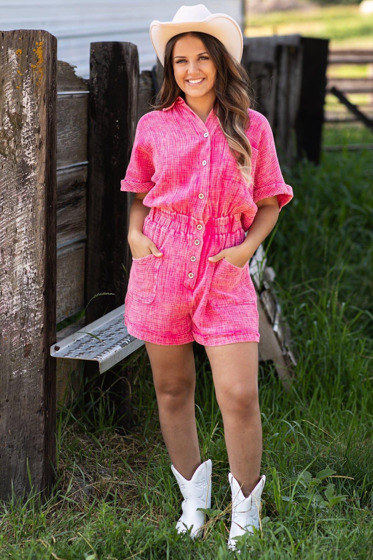 Hot Pink Washed Elastic Waist Romper Product Image