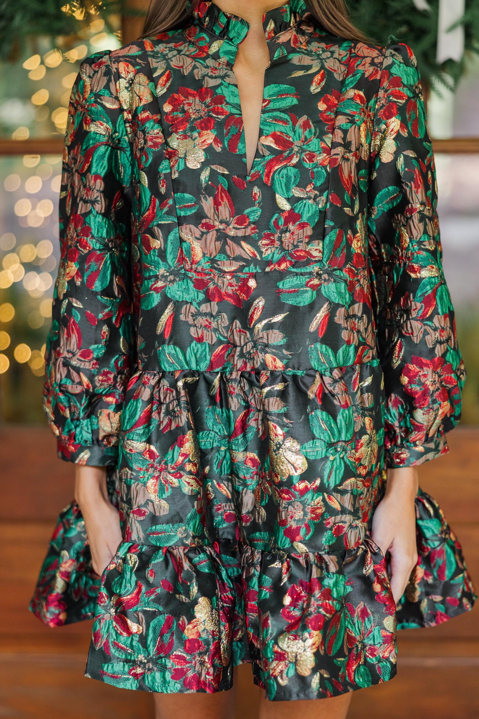 Just A Feeling Emerald Green Floral Brocade Dress Female Product Image