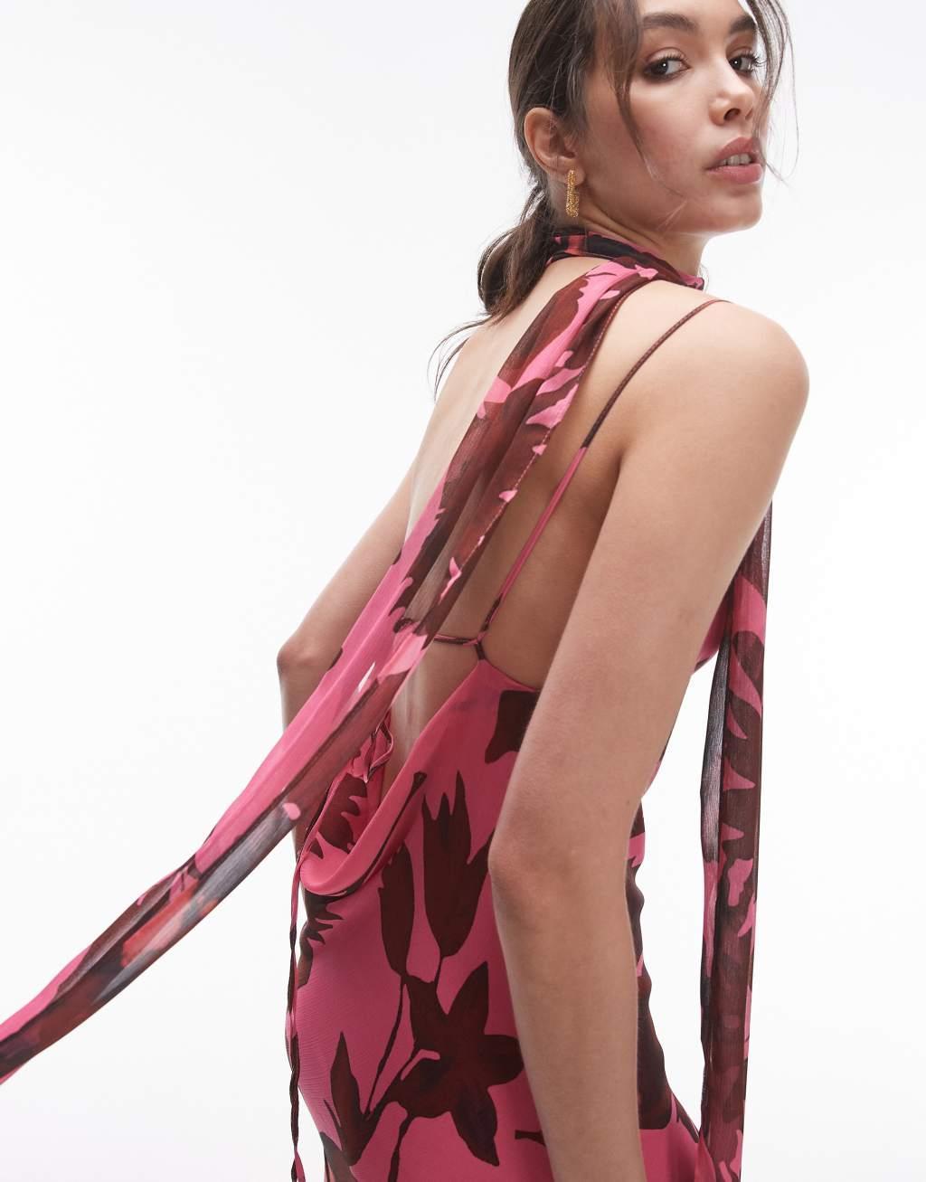 Topshop chiffon cowl slip midi dress in pink oversized floral print with scarf Product Image