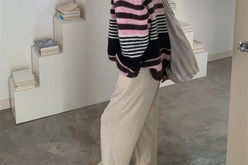 Round Neck Striped Cardigan Product Image