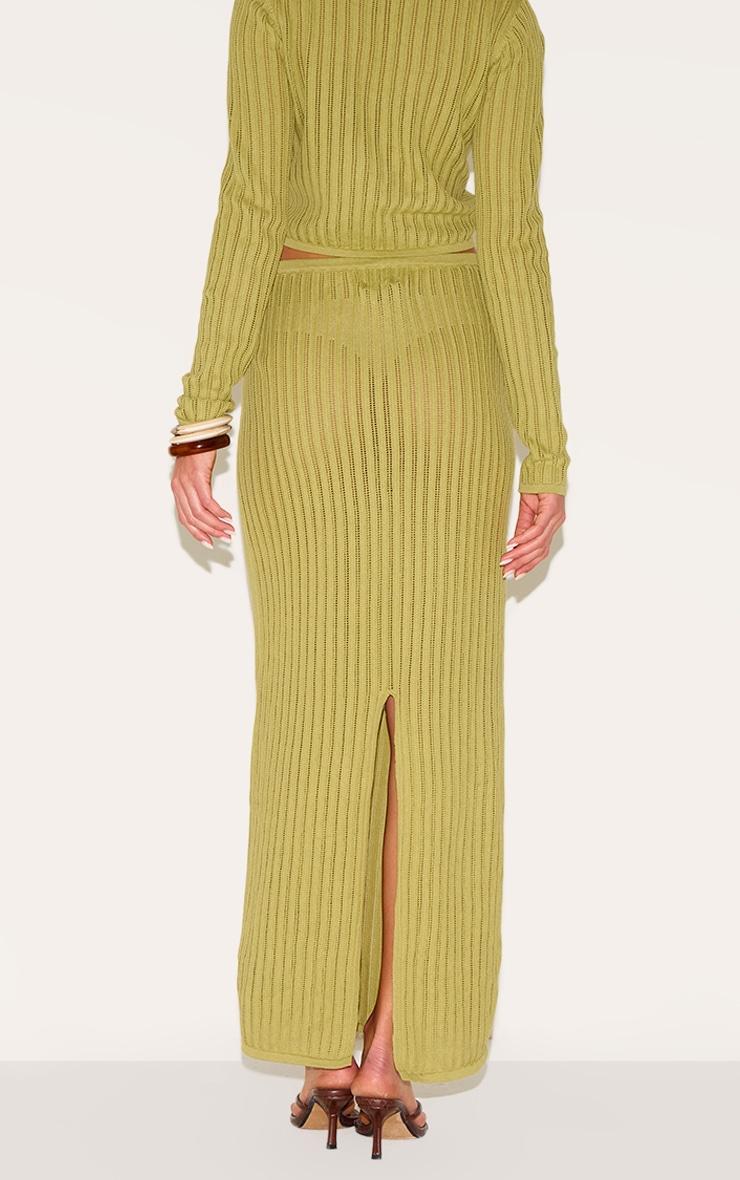 Olive Pointelle Knit Trim Split Maxi Skirt Product Image