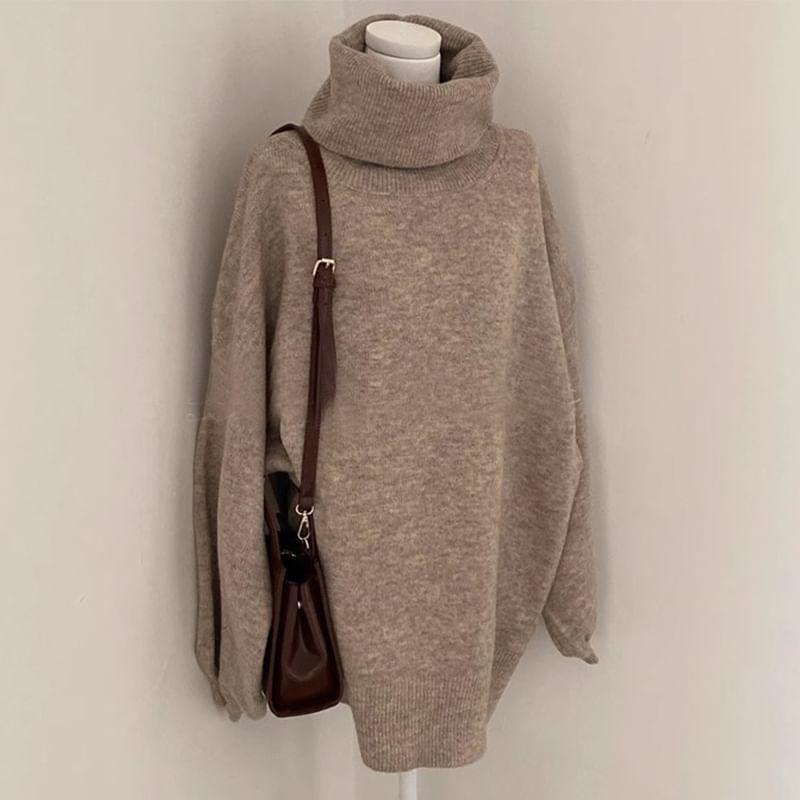 Puff-Sleeve Turtleneck Plain Side-Slit Oversized Sweater Product Image